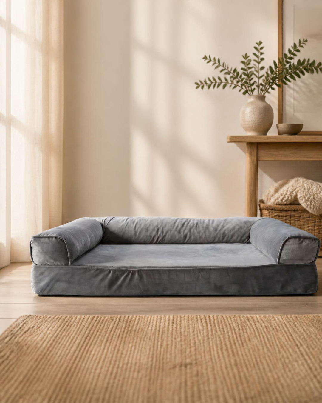 A plush gray pet bed with high bolstered sides, shown in a warm, sunlit room with a woven rug, wooden table, and potted plant in the background.