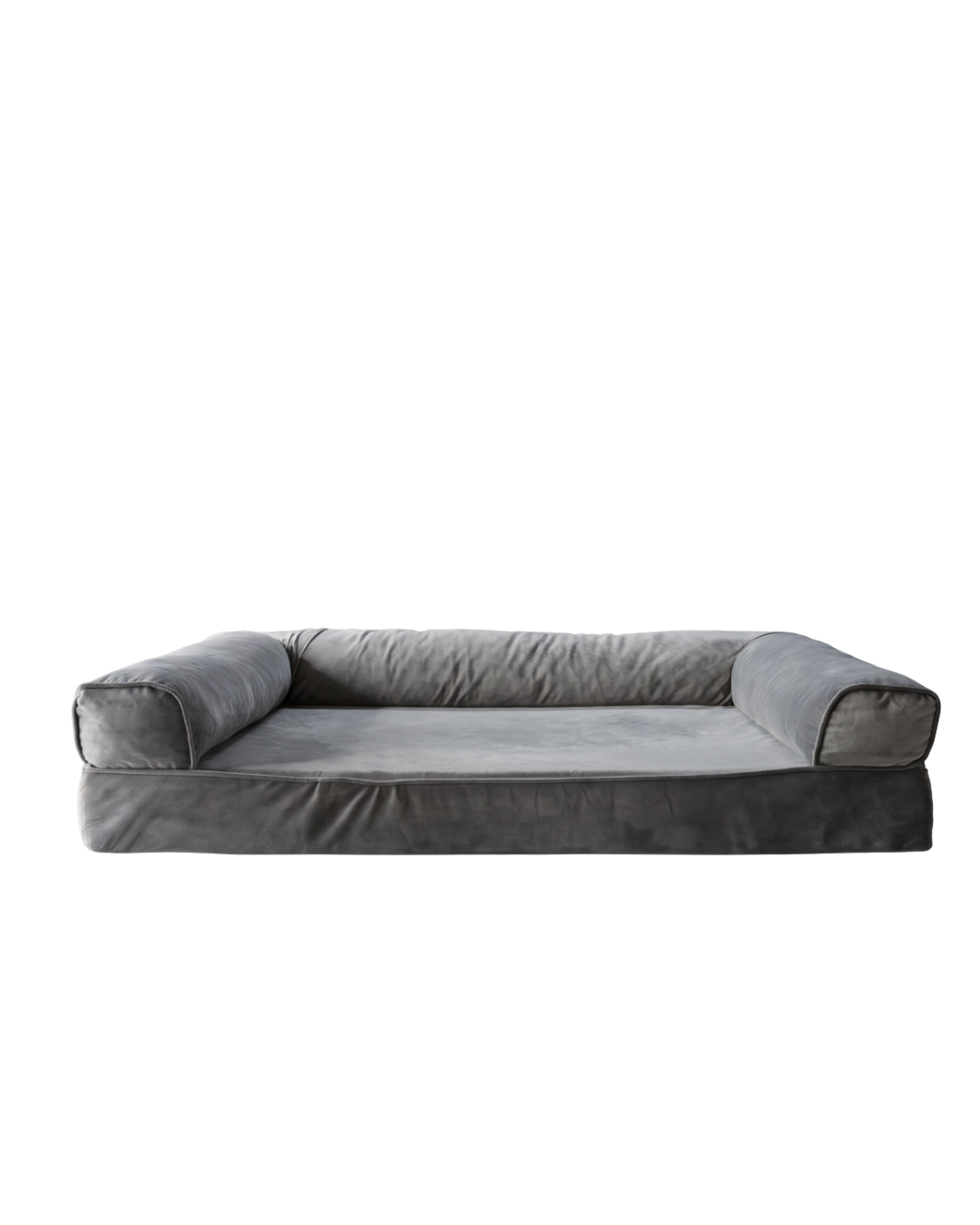 Rectangular pet bed with thick, padded armrests and a matching cushioned top, upholstered in a dark gray fabric, shown against a plain white background.