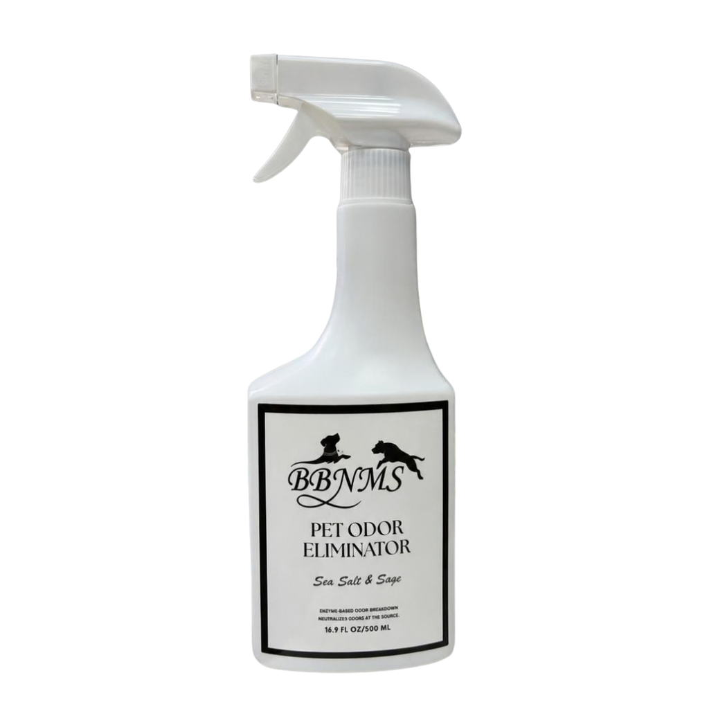 Closeup BBNMS Pet Odor Eliminator - Sea Salt + Sage. White bottle on white background.
