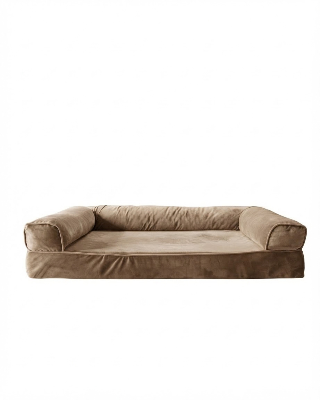 A rectangular pet bed with a low, rounded wall and thick cushioned seat and sides, upholstered in a soft taupe-brown fabric, shown against a plain white background.