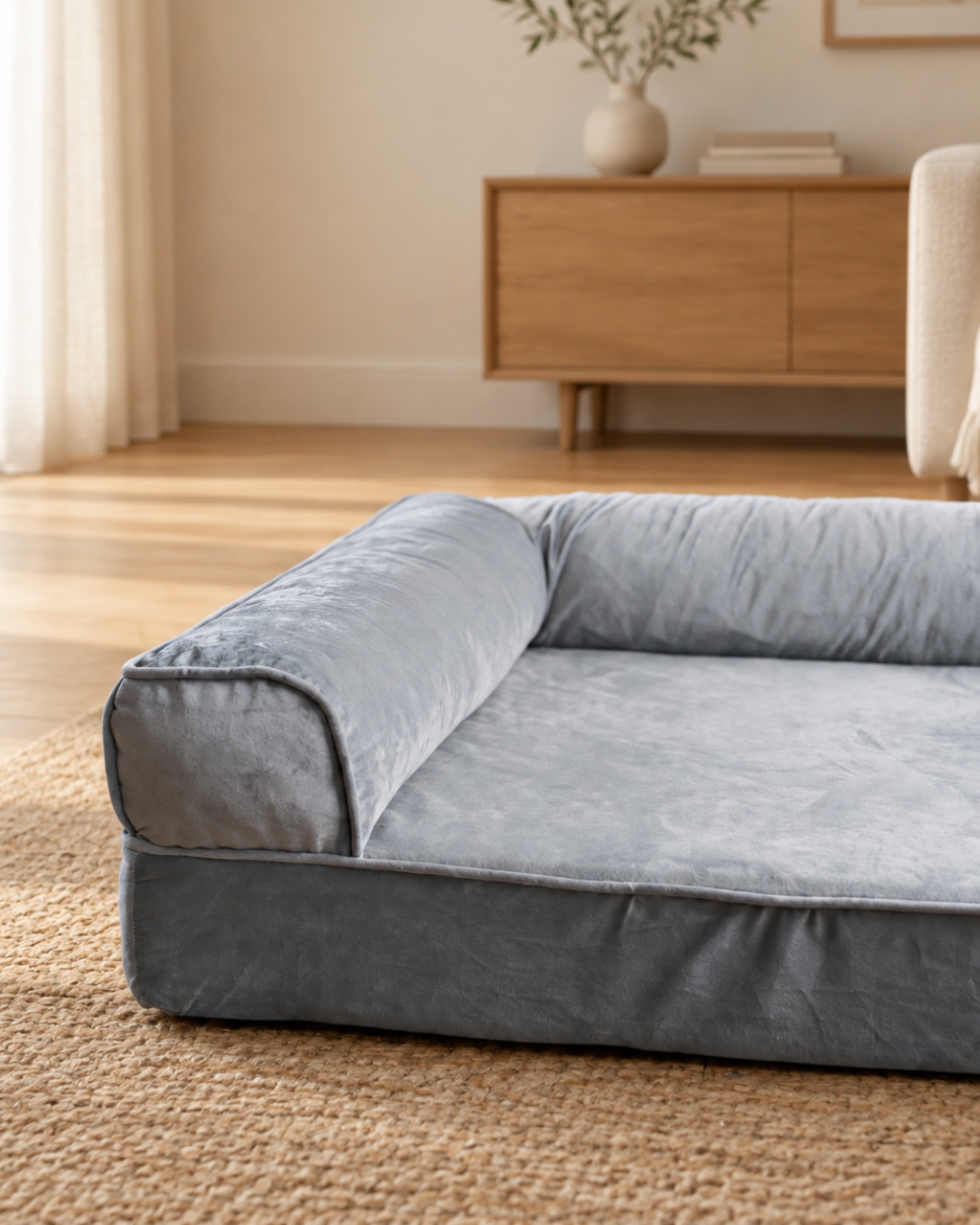 A plush, high-cushioned pet bed in a gray velvet fabric, styled on a natural rug in a warm, modern living room setting.