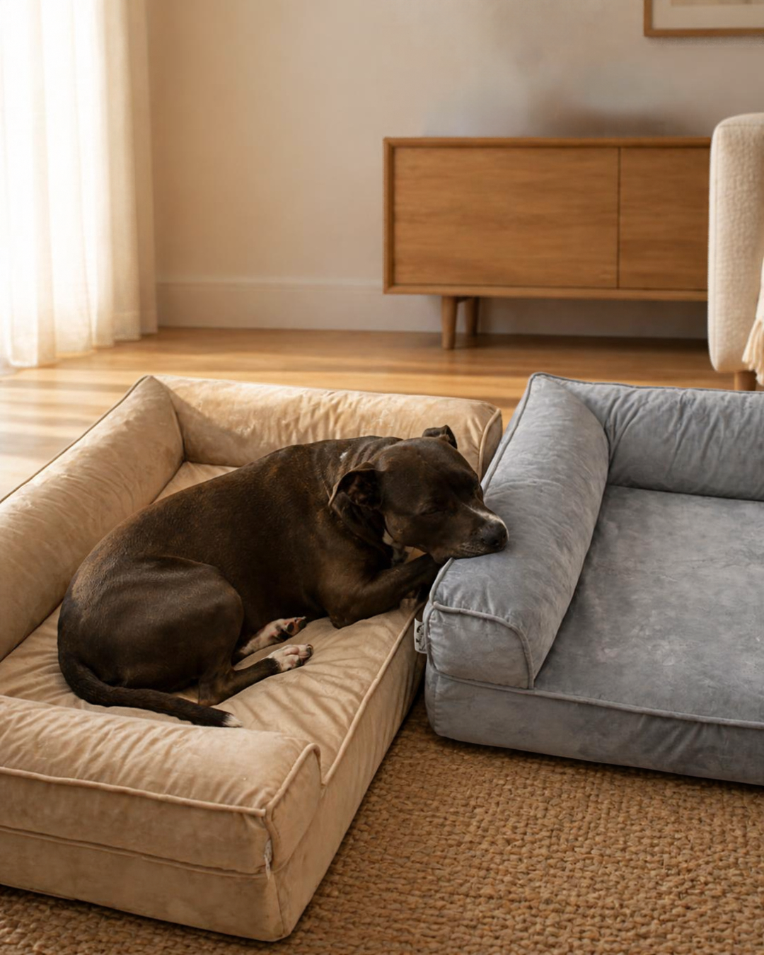 A dark brown dog rests on a beige pet bed in a warm, modern living room next to a gray pet bed.