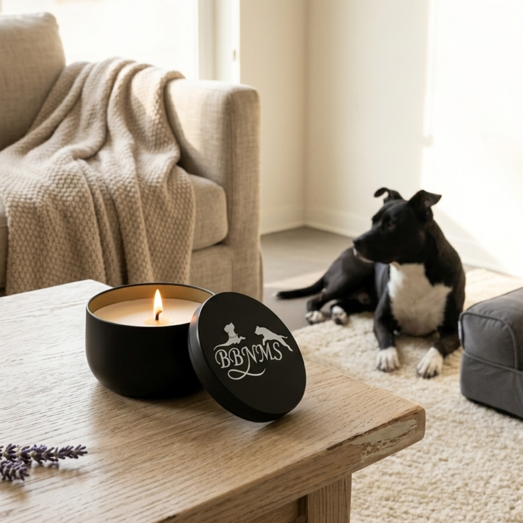 Black Candle tin enlarged closeup. Cozy beige and cream living room with black and white dog in background. 