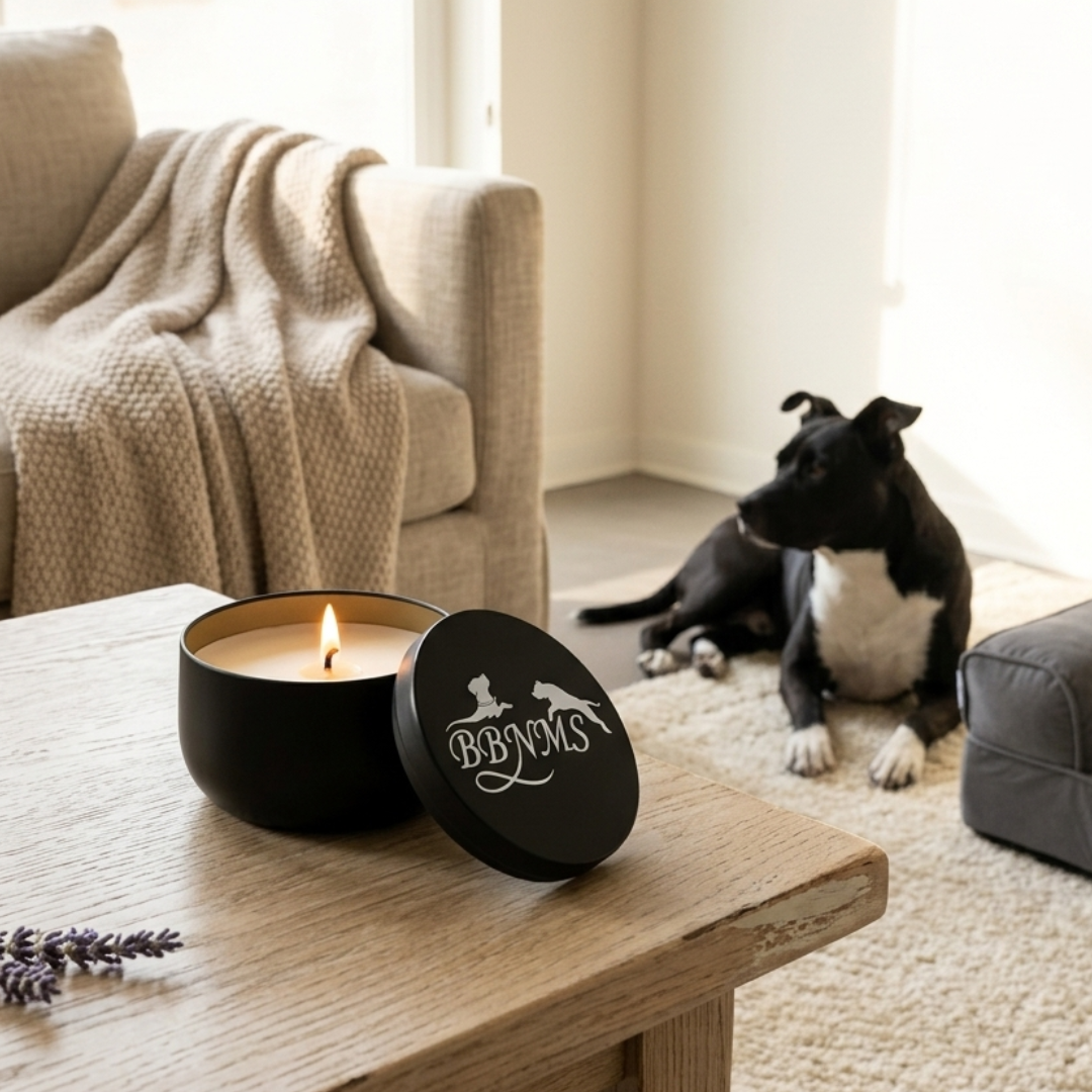 Black Candle tin enlarged closeup. Cozy beige and cream living room with black and white dog in background. 