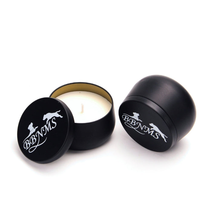 BBNMS black candle tin with soy wax inside on a white background.