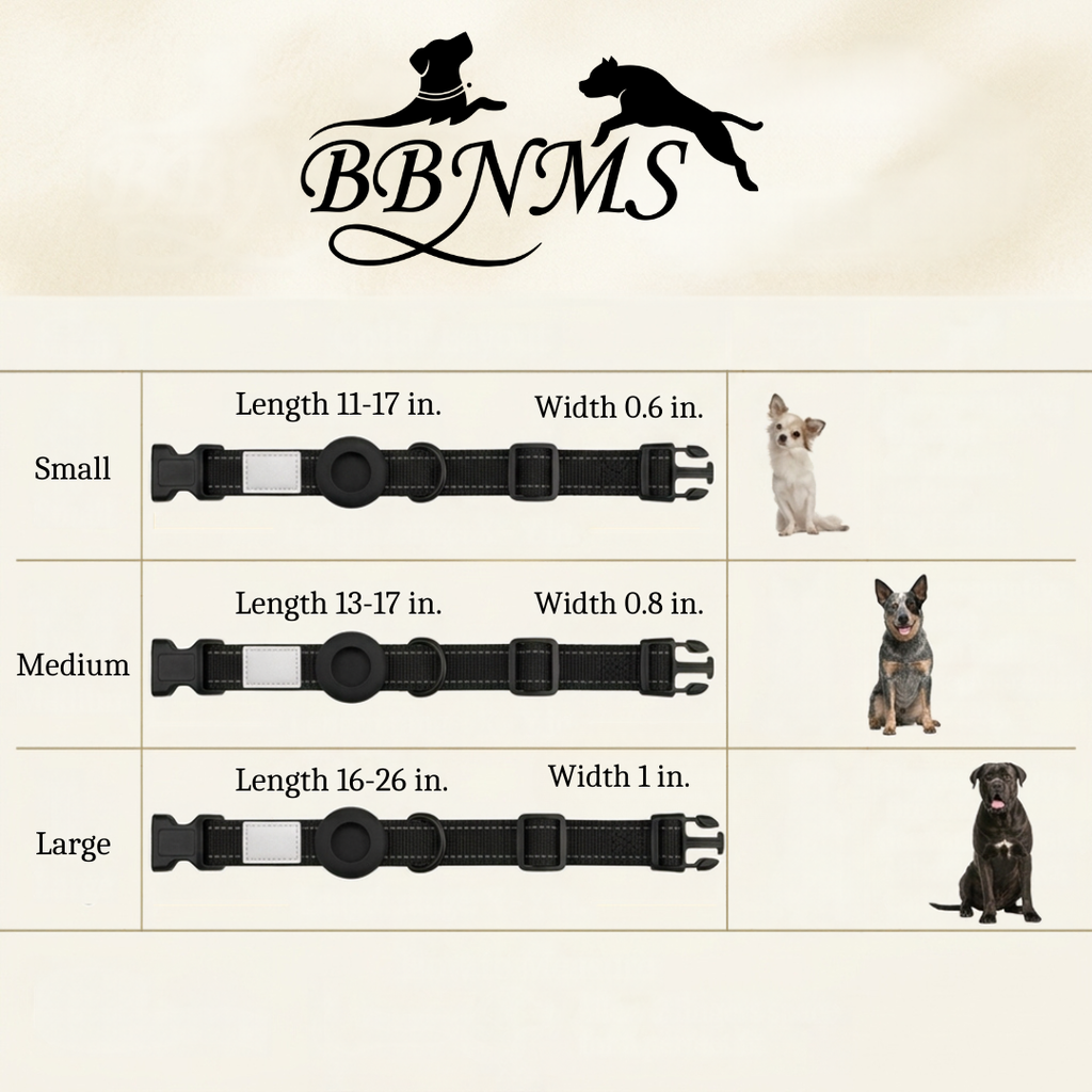 Size Chart for collar listing Small 11-17 inches, Medium 13-17 inches, and large 16-26 inches.