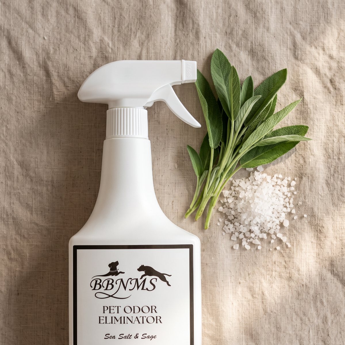A white spray bottle labeled 'BBNMS Pet Odor Eliminator Sea Salt & Sage' arranged on a beige linen surface next to fresh sage leaves and a small pile of white sea salt crystals.