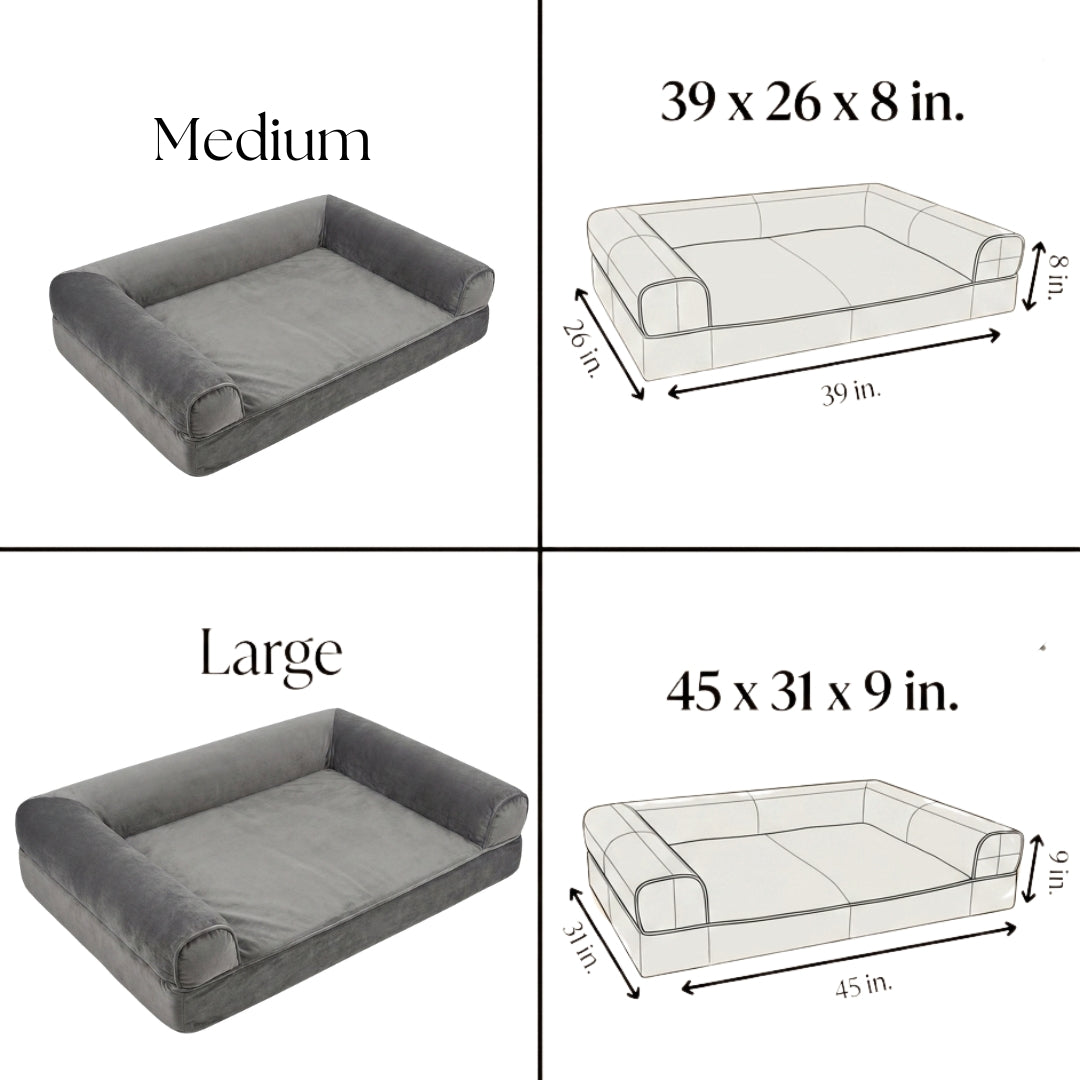 A size comparison chart for pet dog beds showing two models: a medium-sized gray bed labeled 39 x 26 x 8 in., and a large-sized gray bed labeled 45 x 31 x 9 in.